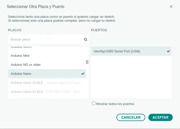 Diálogo «Seleccionar otra placa y puerto» del IDE de Arduino, con Arduino Nano elegido como placa y el puerto /dev/ttyUSB0.