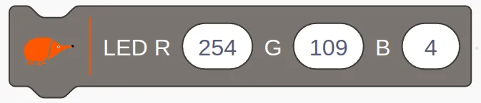 Bloque de EchidnaML «LED R 254 G 109 B 4», que da el naranja de Echidna.