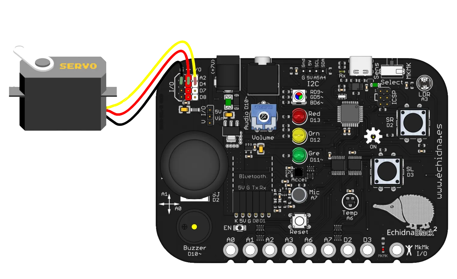 Un servomotor conectado a la EchidnaBlack2: el cable negro a GND, el rojo a +V y el amarillo a la señal de A2, en los conectores I/O de la parte superior izquierda.