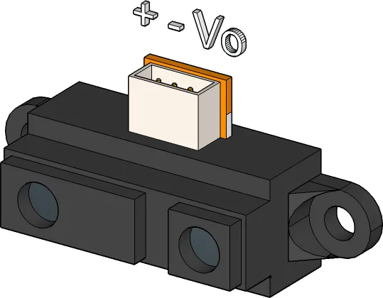El sensor de distancia de infrarrojos con sus tres pines rotulados: +, − y Vo.