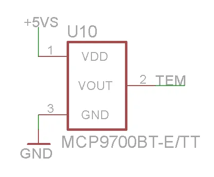 Esquema: el MCP9700T se alimenta con +5 V y GND, y su salida VOUT va al pin de temperatura (A6).