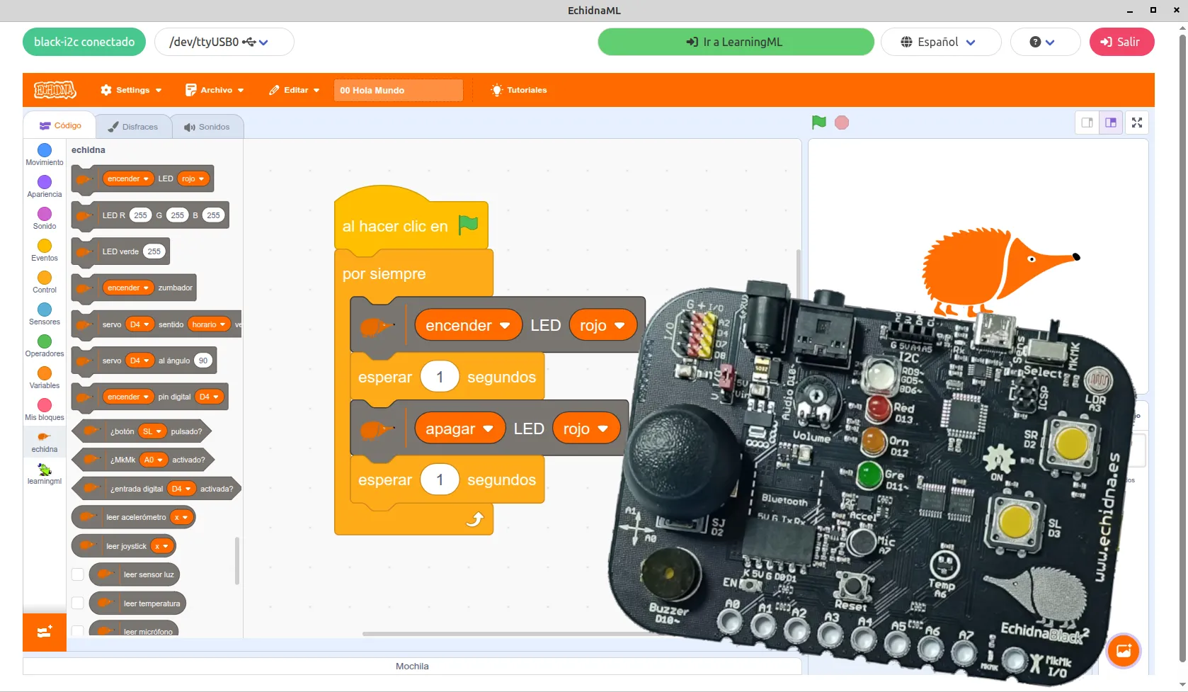 EchidnaML con un programa que enciende y apaga un LED, junto a la placa EchidnaBlack2.