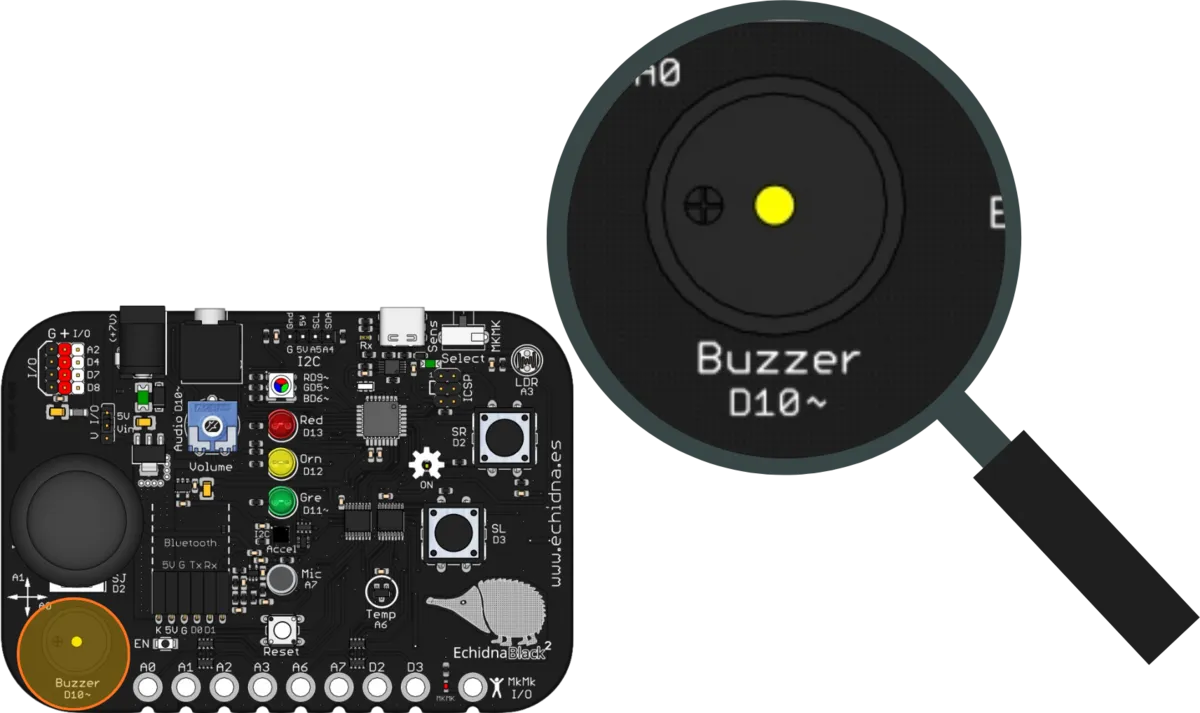 La placa EchidnaBlack2 con una lupa sobre el zumbador, rotulado Buzzer D10~.